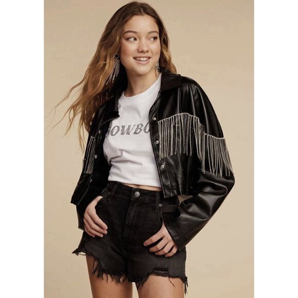 Forever 21 Faux Leather Rhinestone Fringe Cropped Jacket Black Size Small - Picture 9 of 16